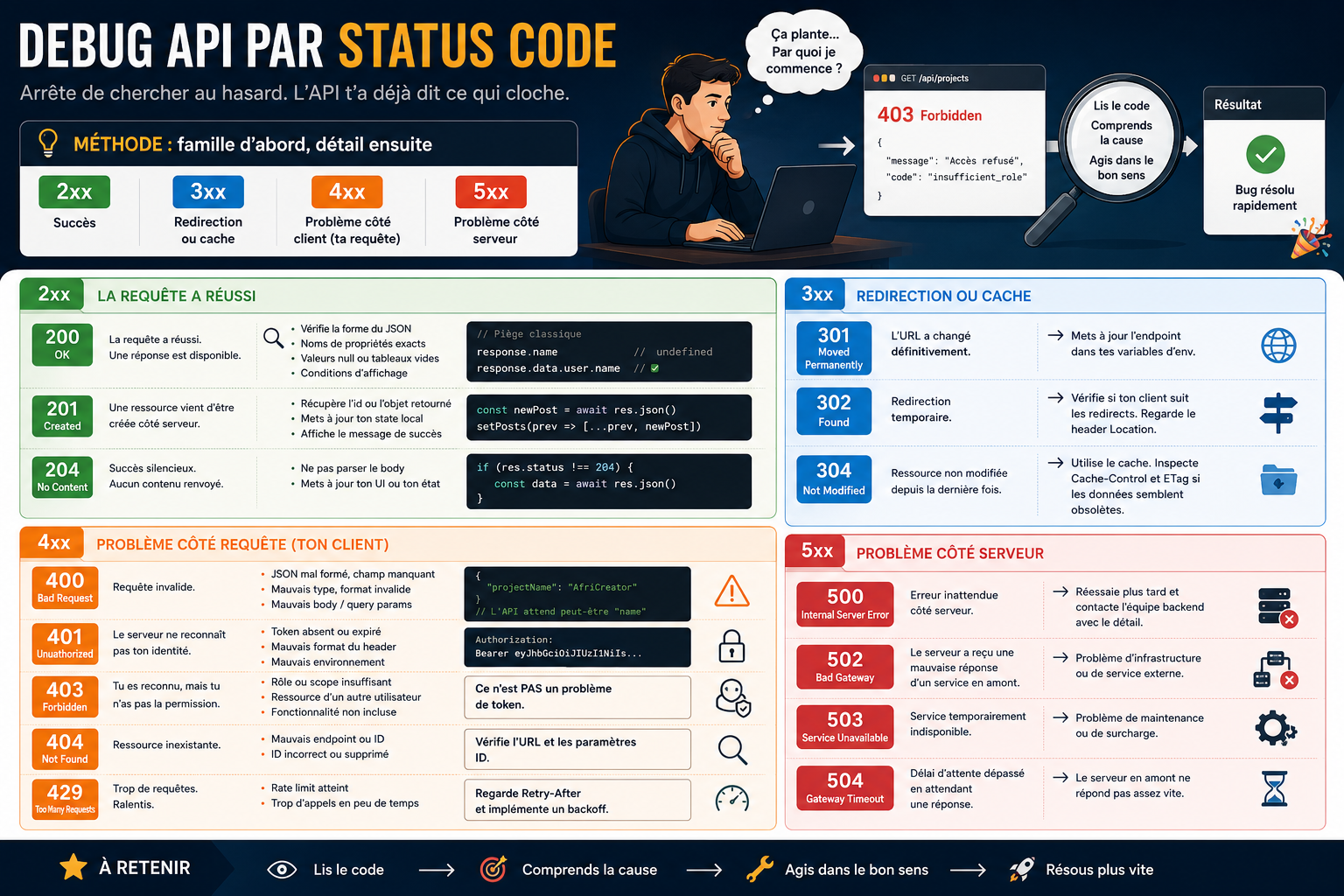 Illustration de couverture pour « Debug API par status code : 400, 403, 404, 413, 500 et le reste »